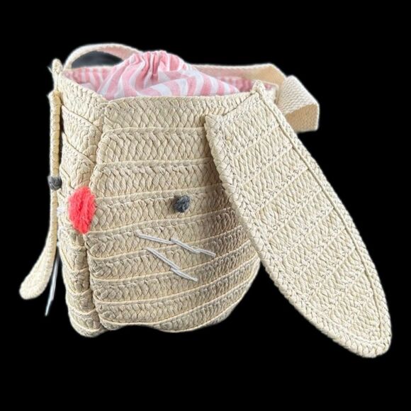 1) MeriMeri Straw Bunny Purse Cotton Lining Draw Sting Closure12"L x 6.5"H x 5"W - Picture 1 of 9